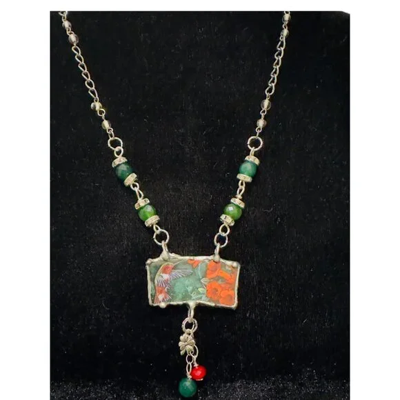 Lena Liu Hummingbird Broken China Pendant Silver-Blend Metalwork Quartz Necklace - Picture 5 of 10